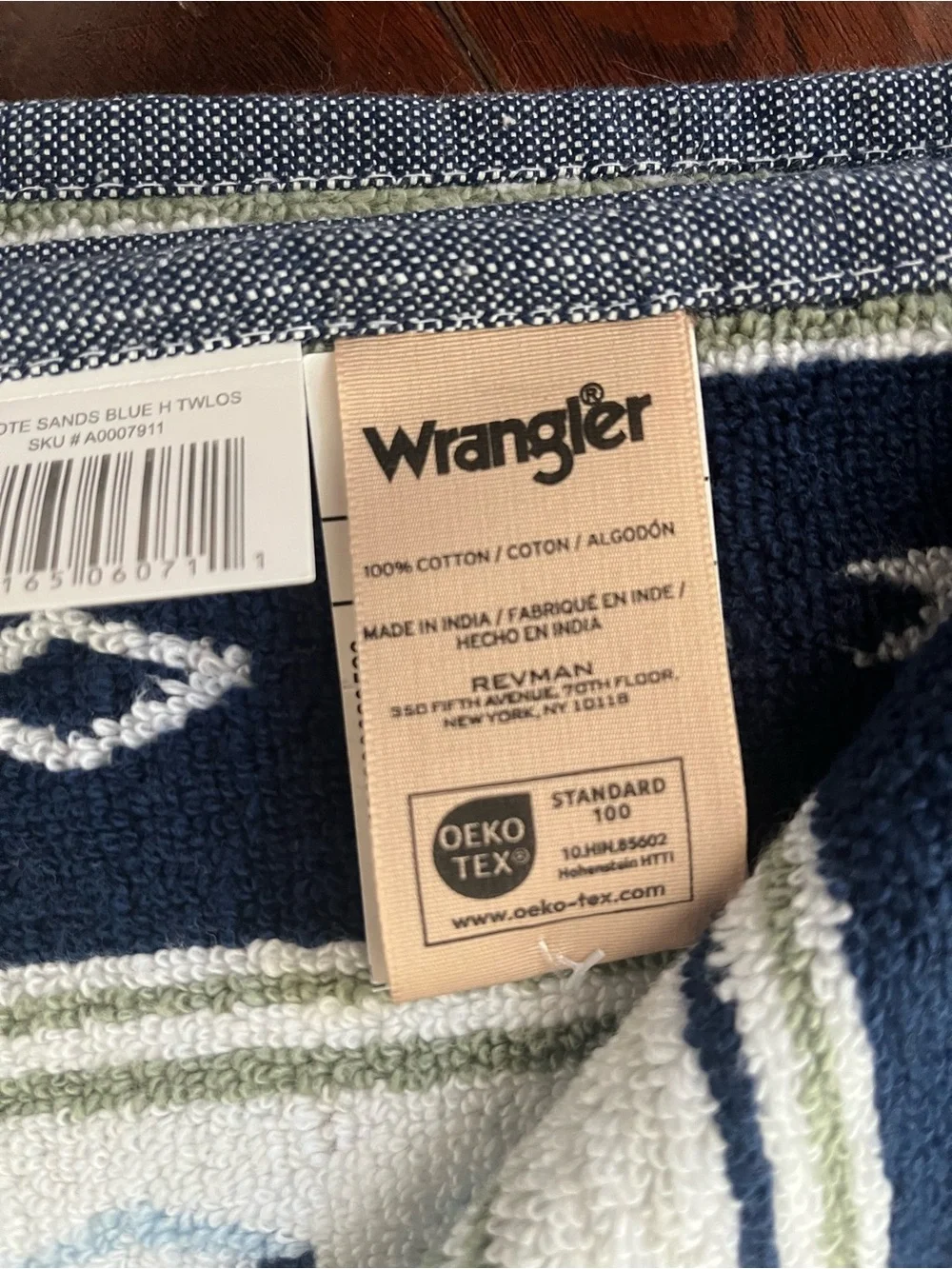Set of 2 Wrangler Navy and Sage Striped Hand Towel Set